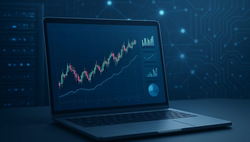 A laptop displaying financial charts and graphs in a dark-themed environment