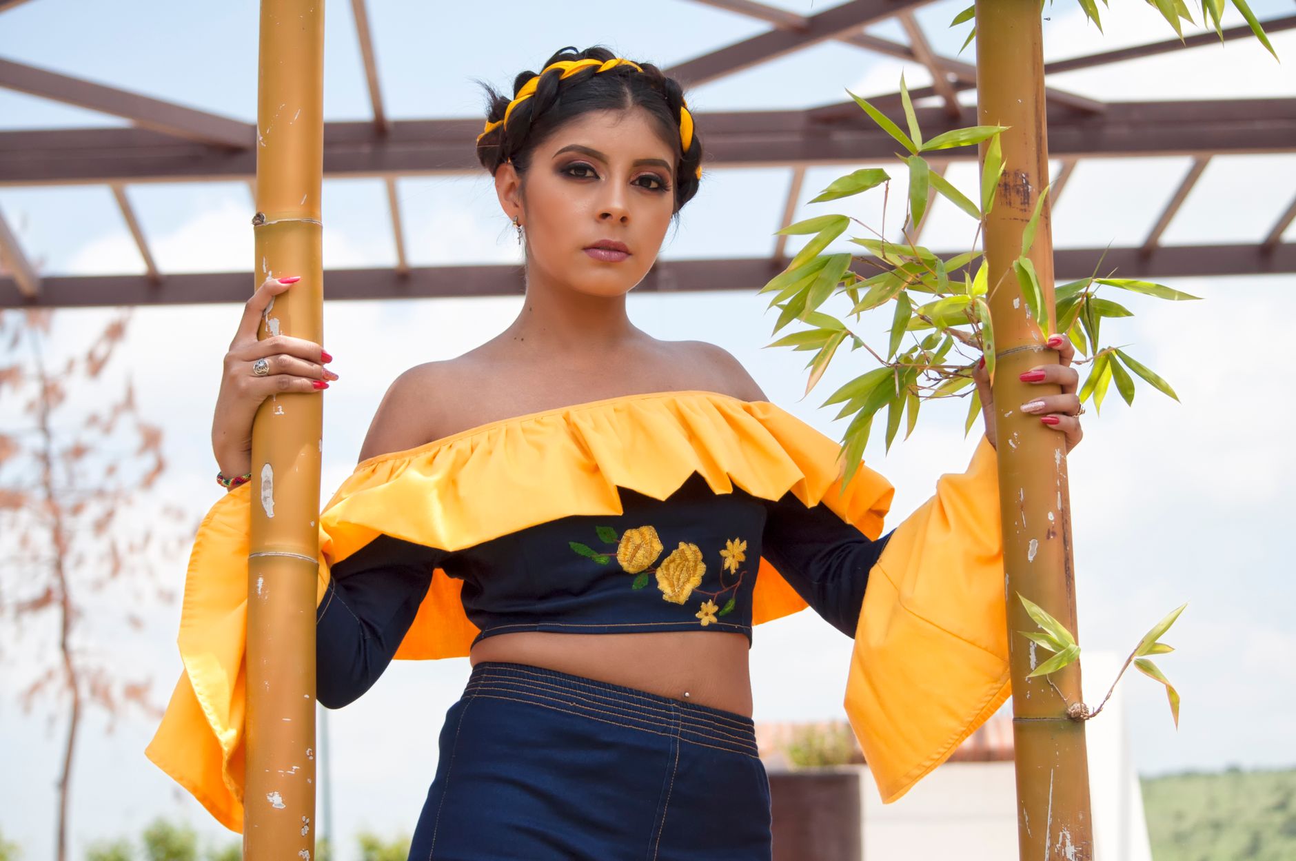 A fashionable woman in vibrant attire poses with bamboo, showcasing cultural elegance outdoors. — The Basics in Choosing a Ho
