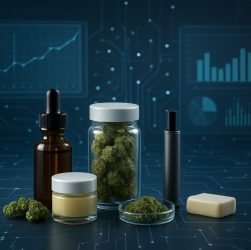 various cannabis products on a tech-themed background