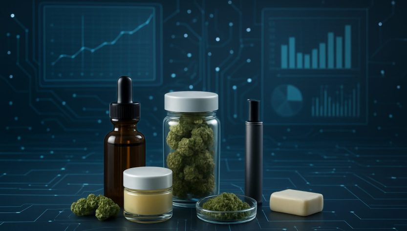 various cannabis products on a tech-themed background