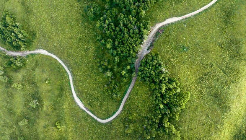 Aerial view of a winding dirt road through lush green fields and trees.
